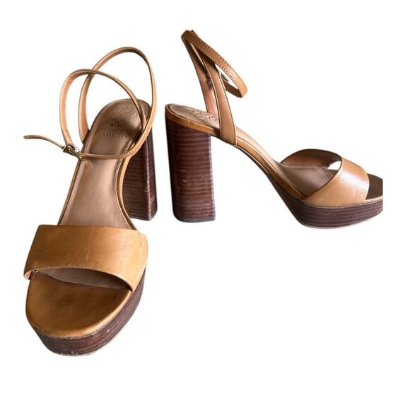 Vince Camuto Shoes - Vince Camuto Neutral Leather Platform Heels Shoes Wood Stacked Block Heel Size 9